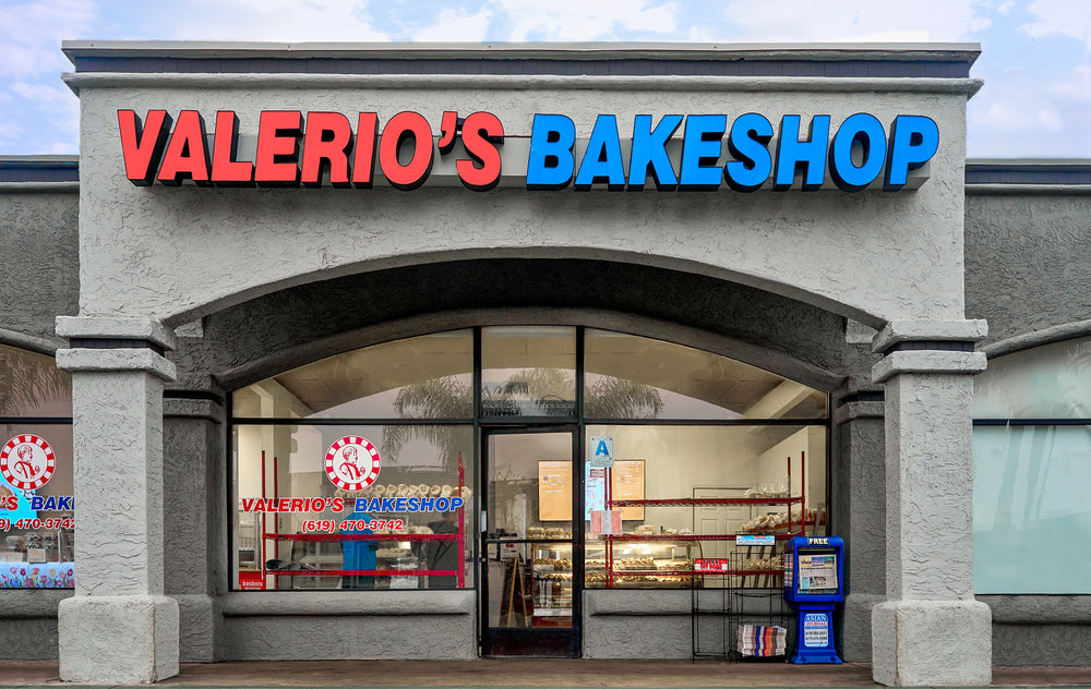 Valerio's Bake Shop storefront with large sign above entrance